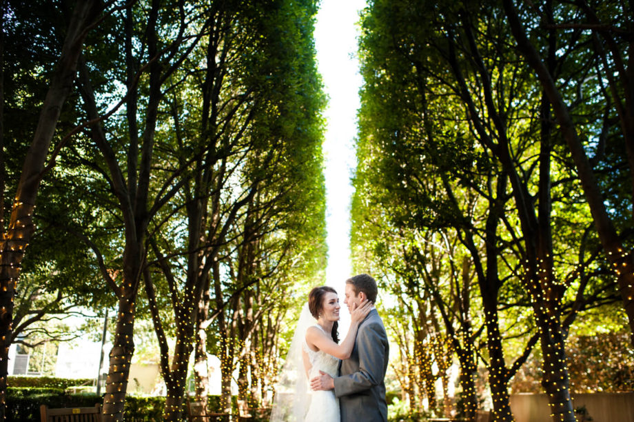 bride groom tall trees daylight portrait