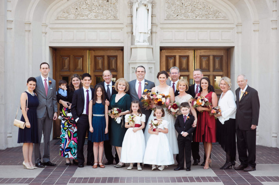 large extended joined family photo wedding St Thomas Aquinas church Dallas